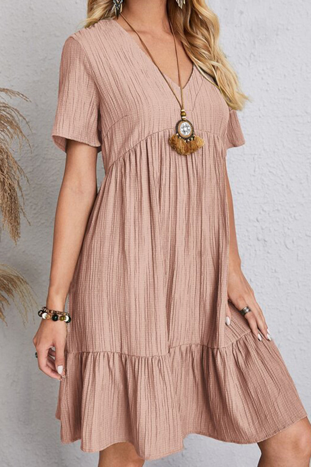 Full Size Ruched V-Neck Short Sleeve Dress - Dusty Pink / S