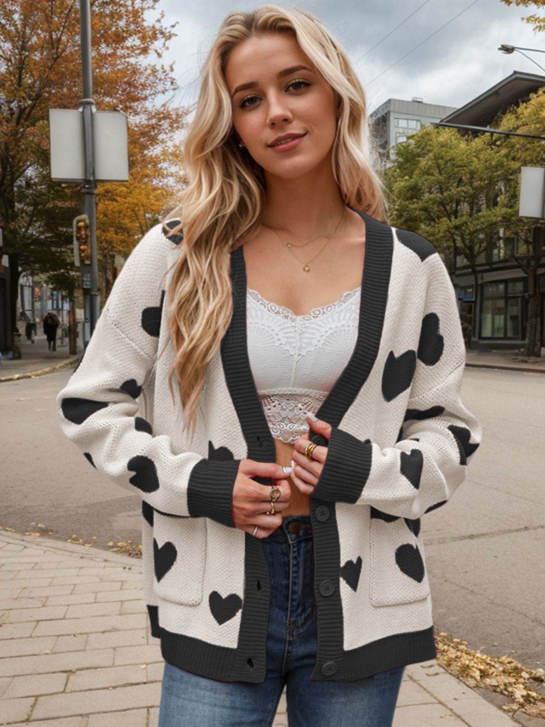 Heart Button Up Dropped Shoulder Long Sleeve Cardigan Cream for a perfect OOTD – dress to impress outfits from Amexza