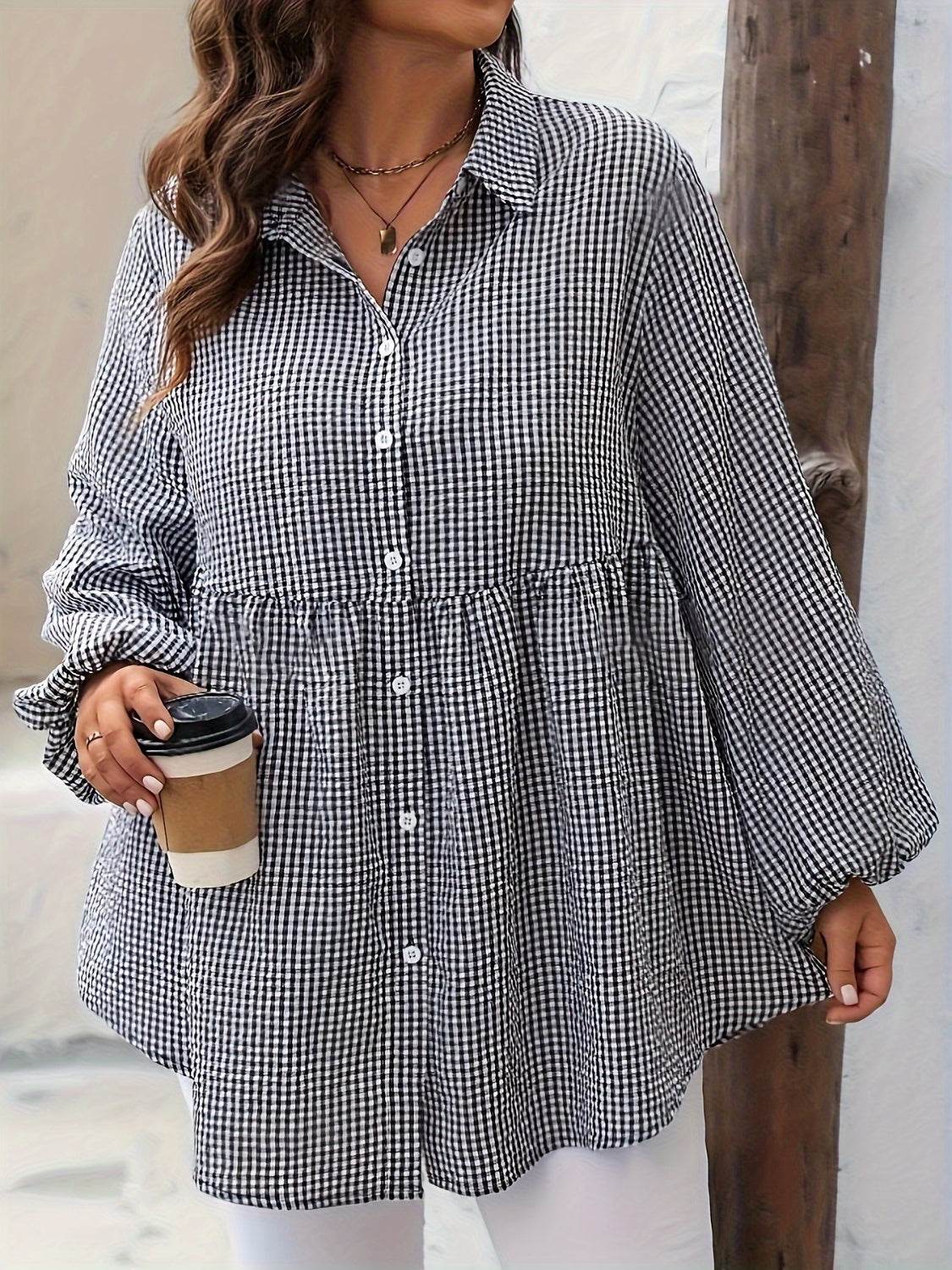 Plus Size Plaid Collared Neck Long Sleeve Shirt for a perfect OOTD – dress to impress outfits from Amexza