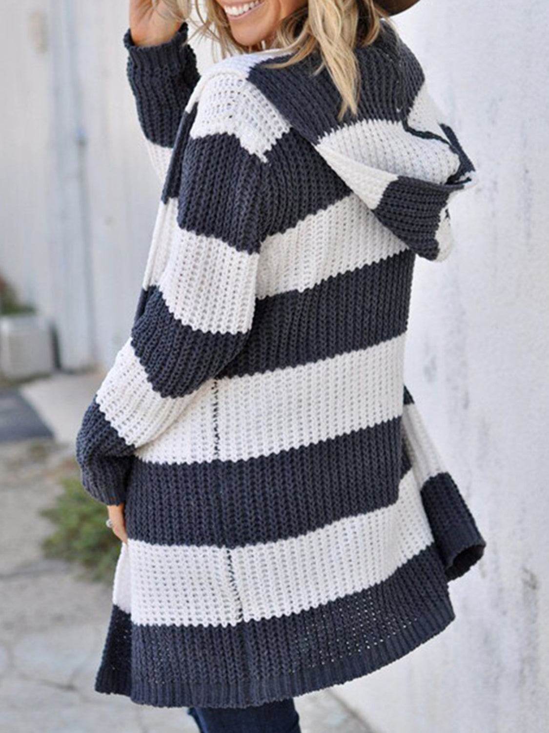 Striped Open Front Hooded Cardigan for a perfect OOTD – dress to impress outfits from Amexza