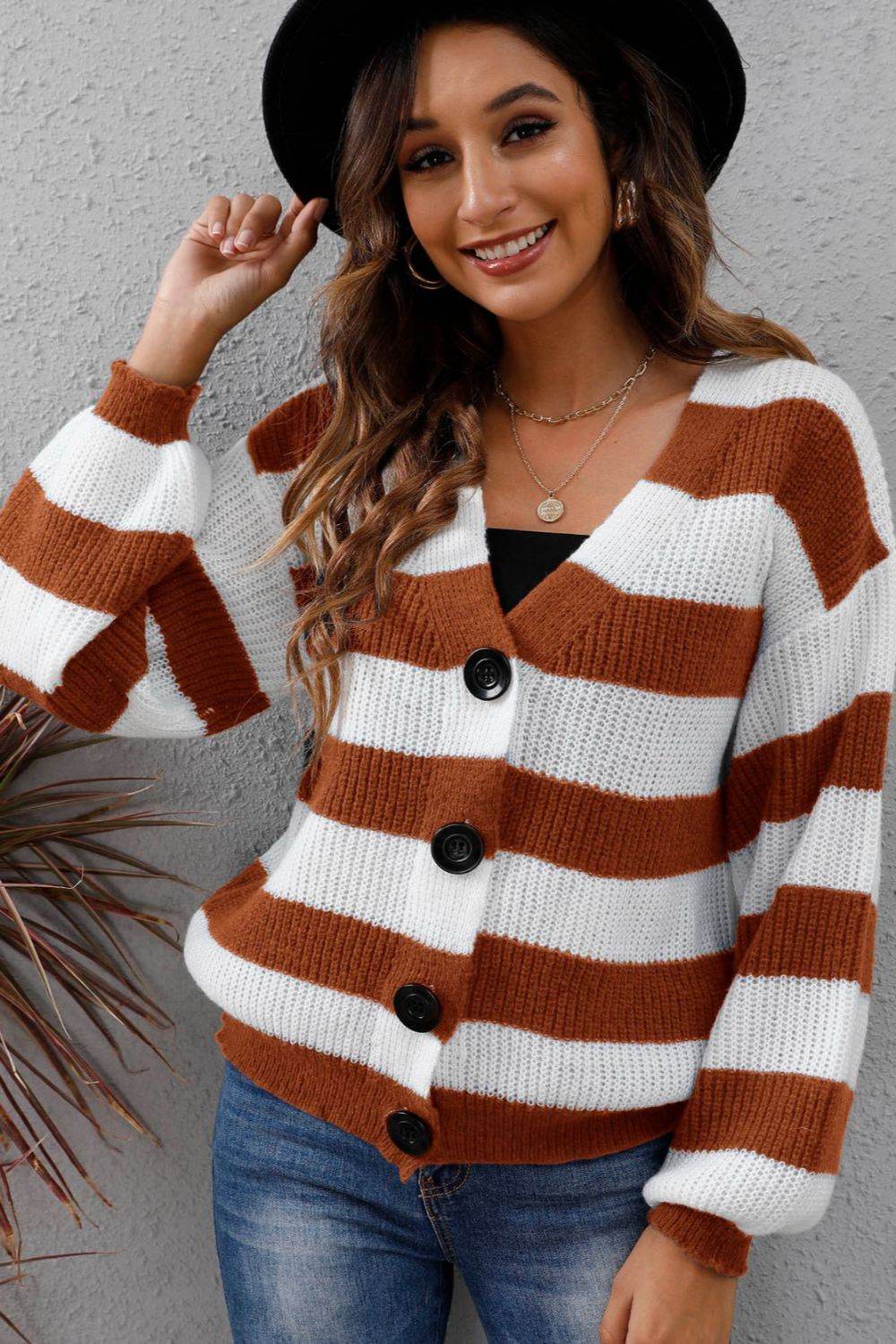 Striped Button Up Long Sleeve Sweater for a perfect OOTD – dress to impress outfits from Amexza