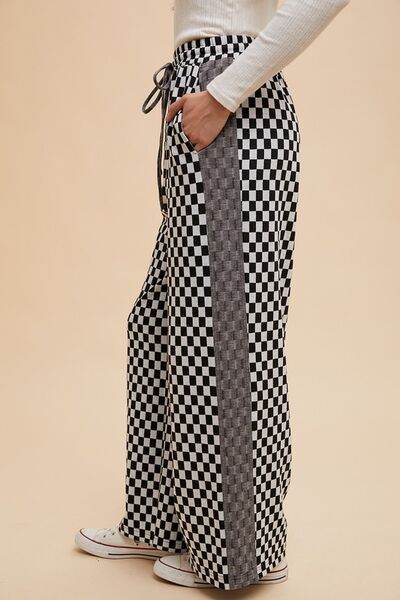 Annie Wear Drawstring Checkered Wide Leg Pants - Amexza