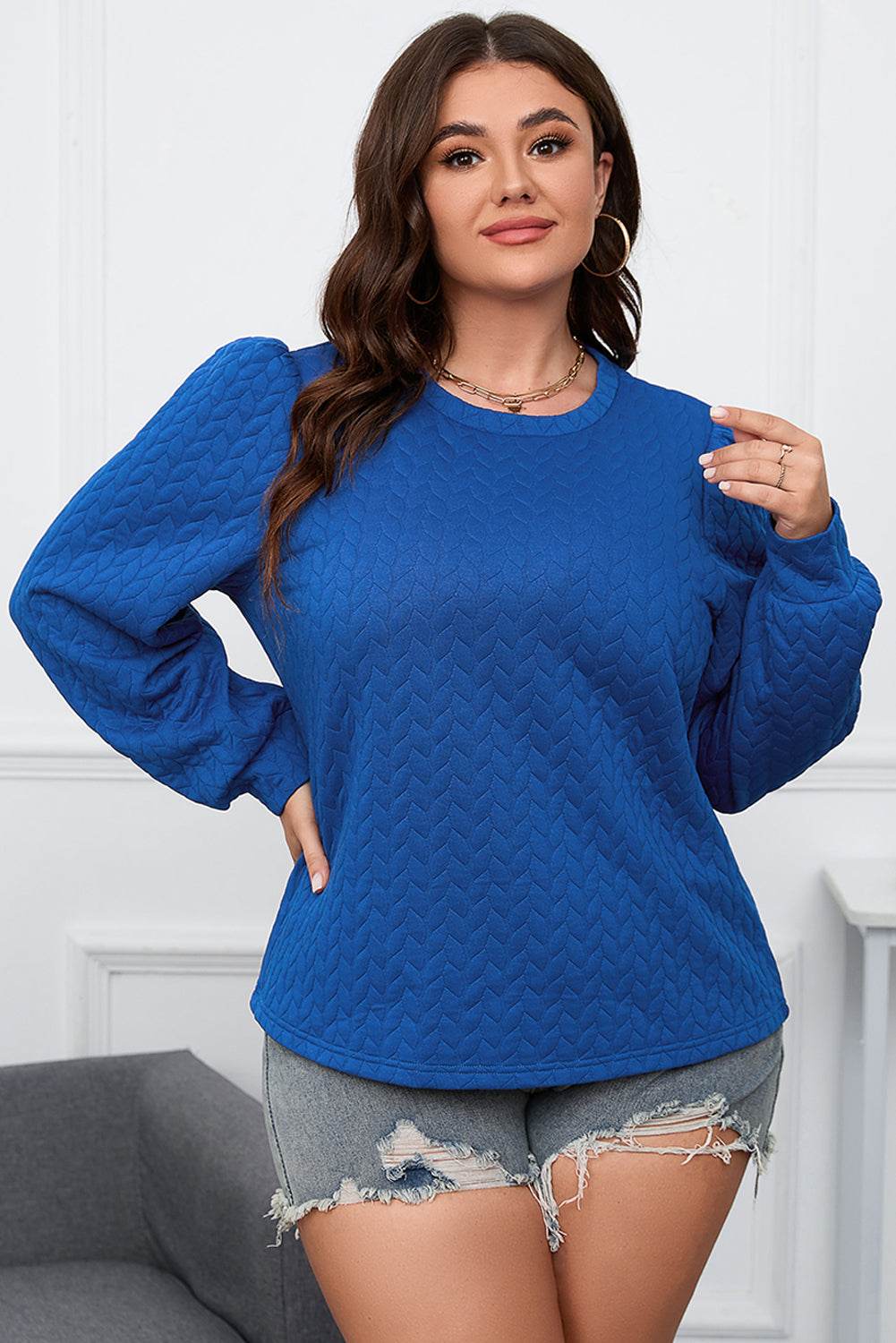 Plus Size Textured Round Neck Long Sleeve Top Cobalt Blue for a perfect OOTD – dress to impress outfits from Amexza