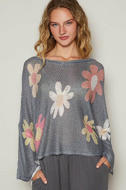 POL Flower Dropped Shoulder Long Sleeve Knit Top - Amexza