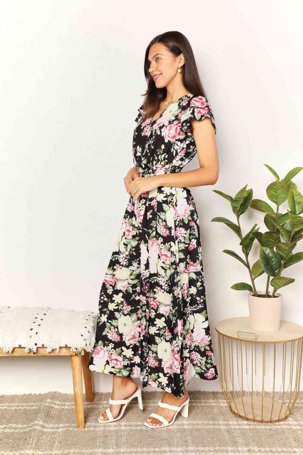 Perfee Floral Flutter Sleeve Tie-Waist Split Dress for a perfect OOTD – dress to impress outfits from Amexza