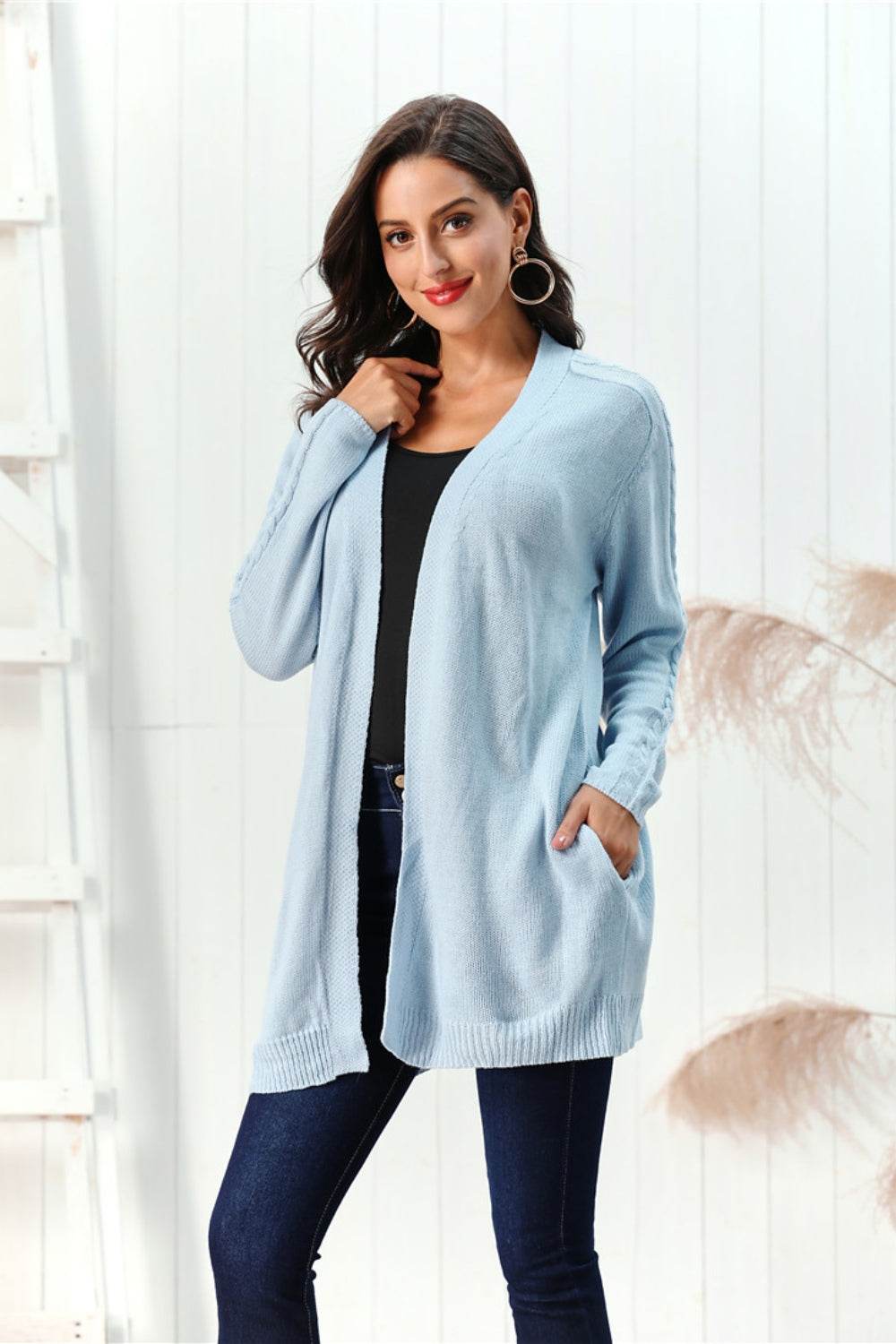 Cable-Knit Open Front Long Sleeve Cardigan for a perfect OOTD – dress to impress outfits from Amexza