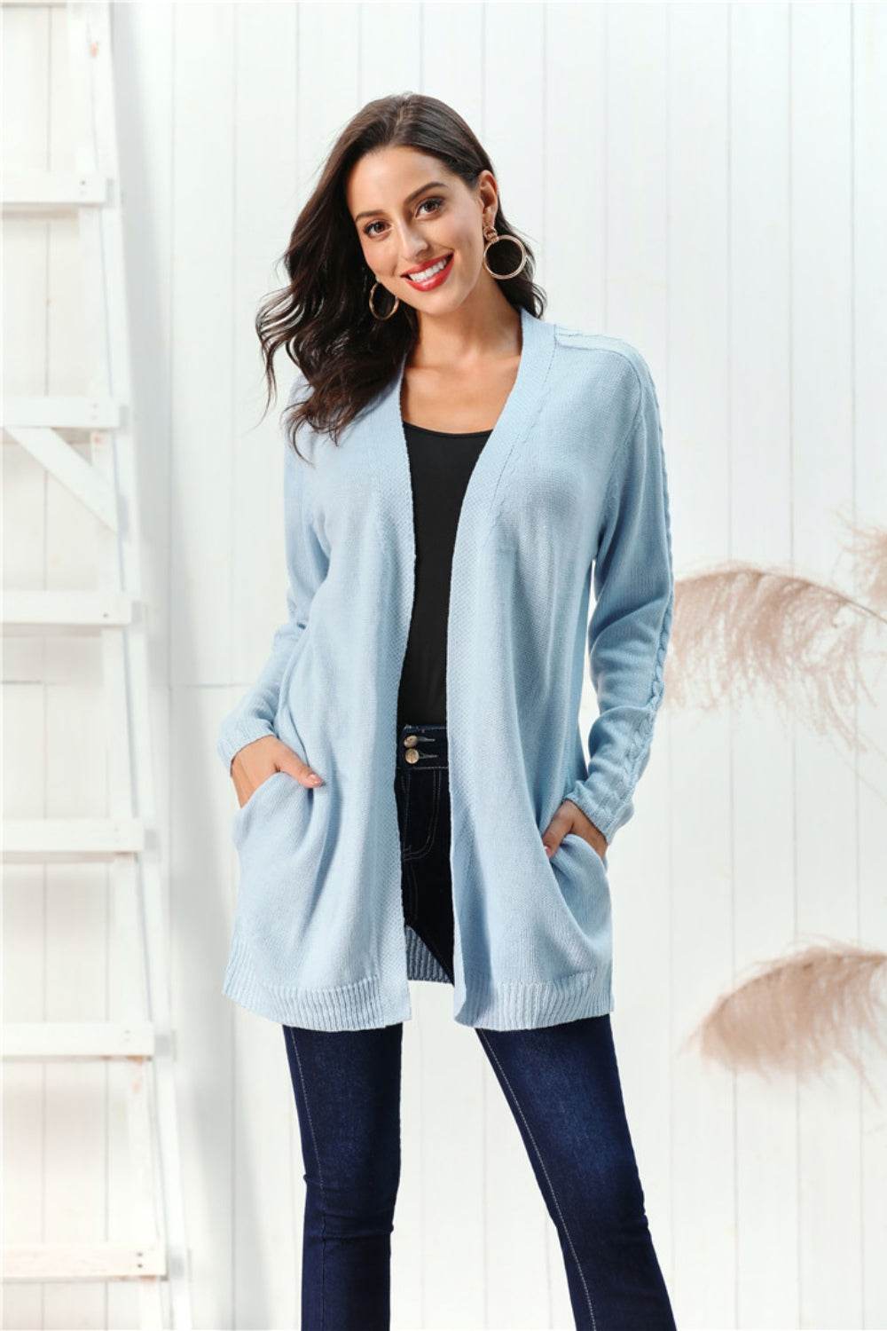 Cable-Knit Open Front Long Sleeve Cardigan for a perfect OOTD – dress to impress outfits from Amexza