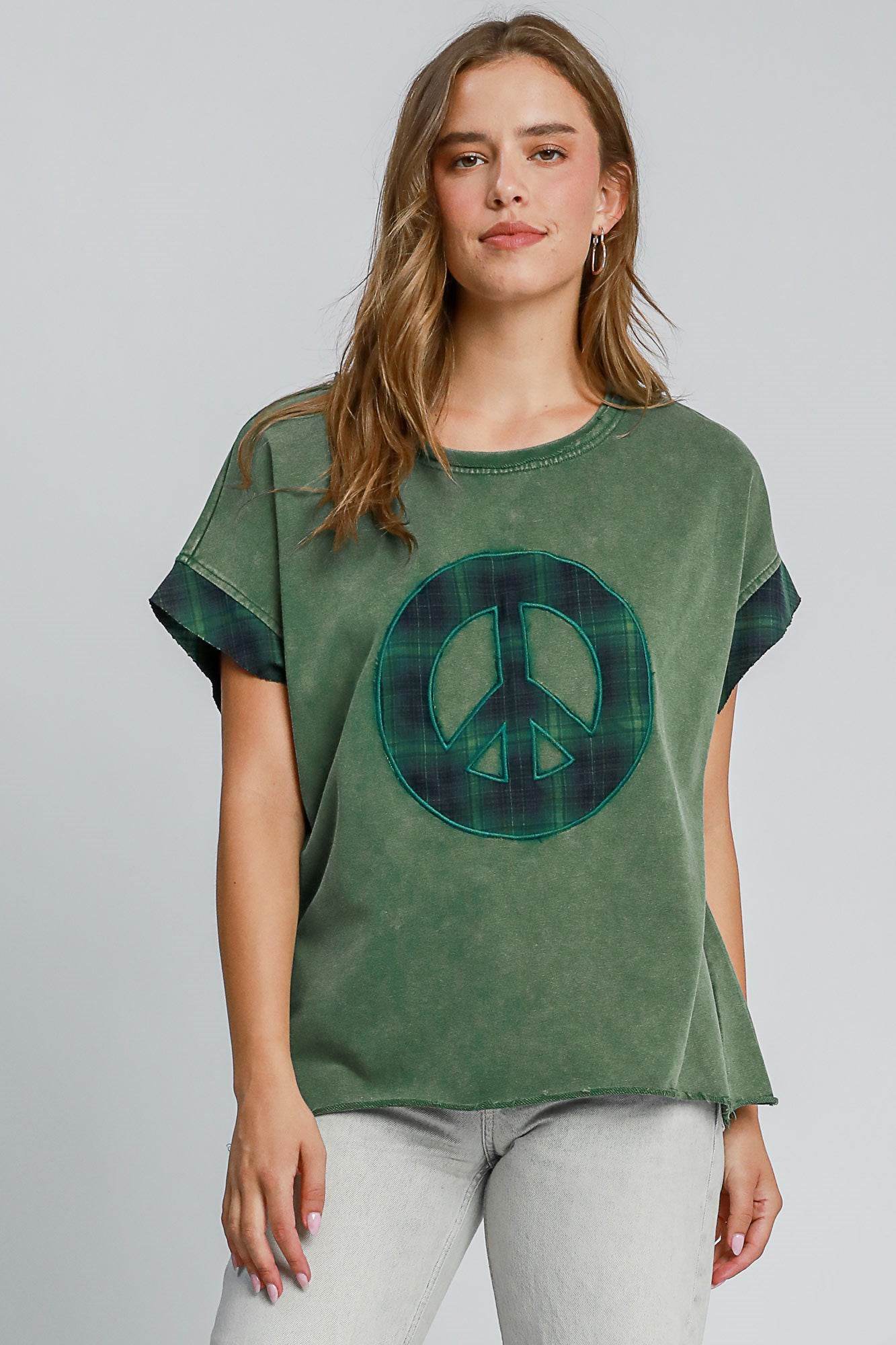 Umgee Peace Applique Round Neck French Terry Top Dark Green for a perfect OOTD – dress to impress outfits from Amexza