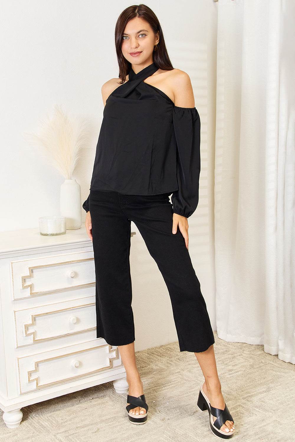 Perfee Grecian Cold Shoulder Long Sleeve Blouse - Amexza