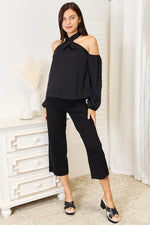 Perfee Grecian Cold Shoulder Long Sleeve Blouse - Amexza