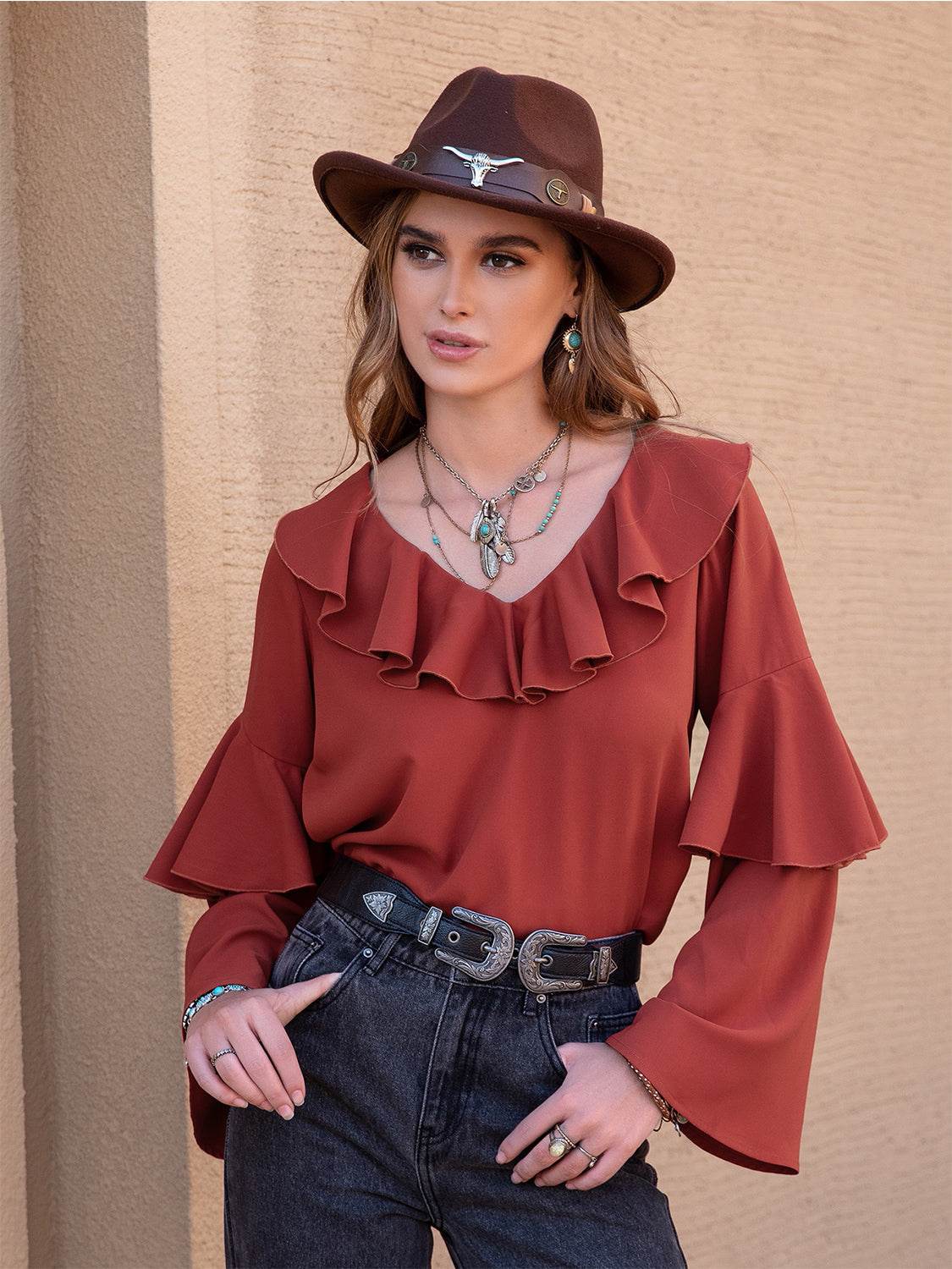 Statement Collar Long Sleeve Blouse Brick Red for a perfect OOTD – dress to impress outfits from Amexza