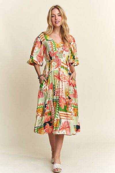 ADORA Floral V-Neck Puff Sleeve Midi Dress Natural Multicolor for a perfect OOTD – dress to impress outfits from Amexza