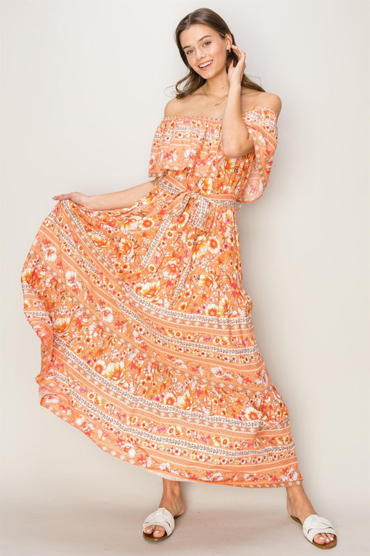 HYFVE Floral Off-Shoulder Tie Front Maxi Dress - Apricot / S