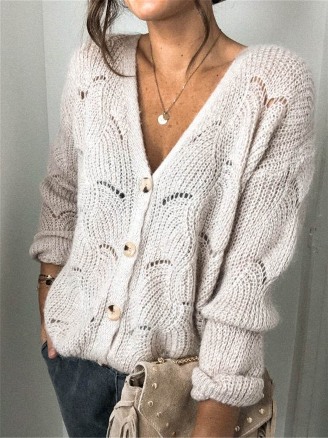 Openwork Button Up Long Sleeve Cardigan Beige for a perfect OOTD – dress to impress outfits from Amexza