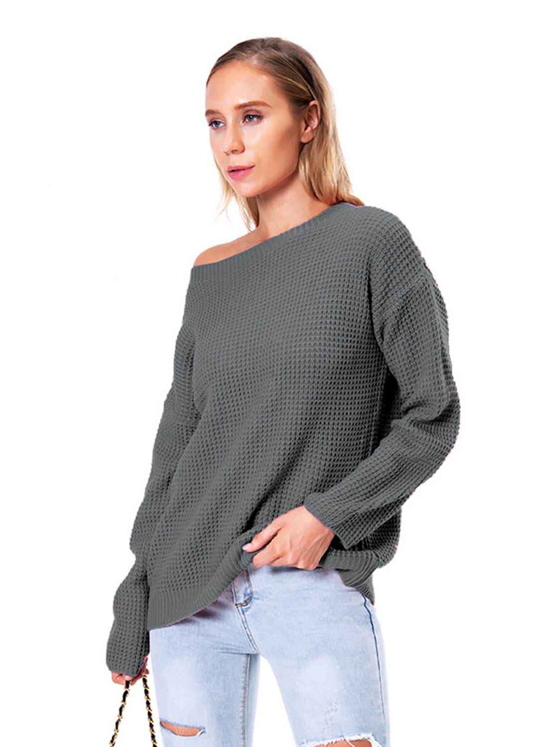 Boat Neck Drop Shoulder Long Sleeve Sweater for a perfect OOTD – dress to impress outfits from Amexza