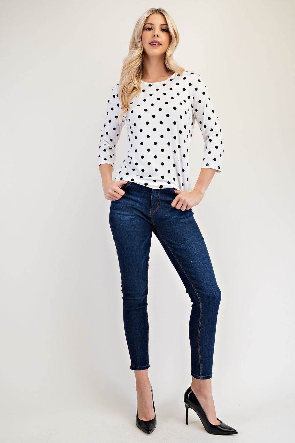 Celeste Full Size Polka Dot Round Neck Three-Quarter Sleeve T-Shirt for a perfect OOTD – dress to impress outfits from Amexza