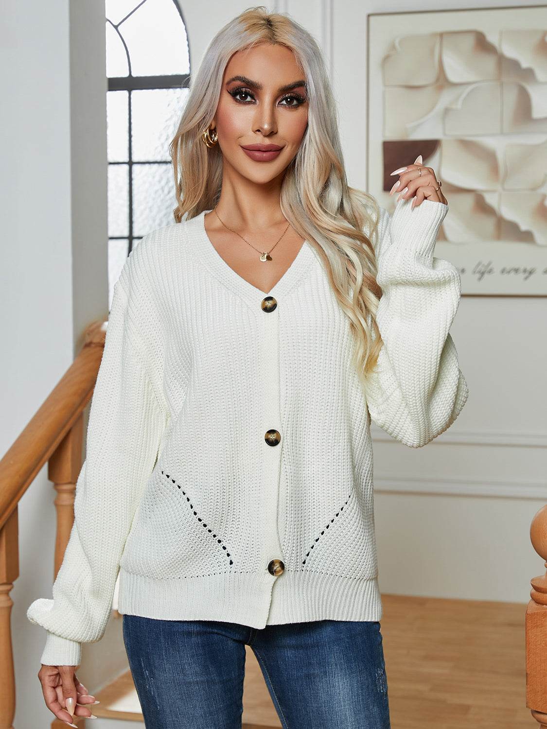 Button Up V-Neck Long Sleeve Cardigan for a perfect OOTD – dress to impress outfits from Amexza