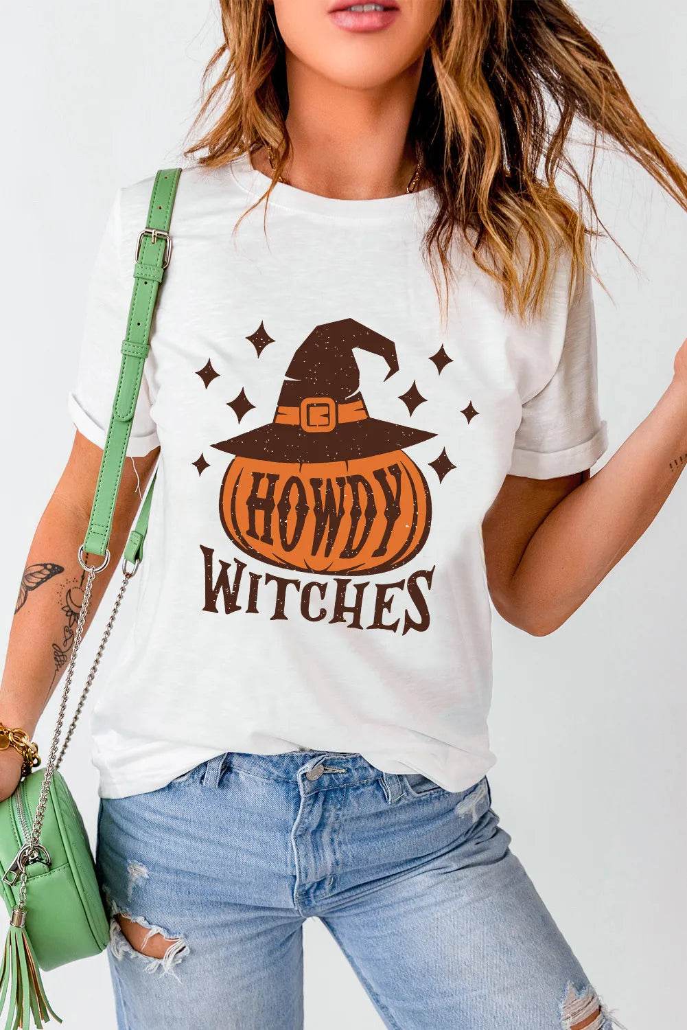 HOWDY WITCHES Round Neck Short Sleeve T-Shirt White for a perfect OOTD – dress to impress outfits from Amexza