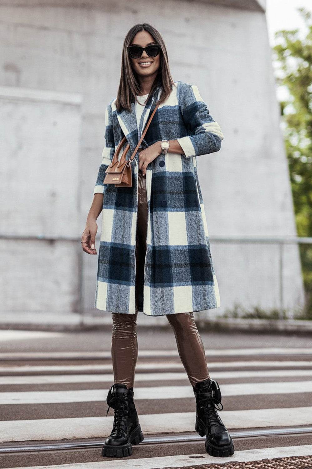Double Take Full Size Plaid Button Up Lapel Collar Coat - Amexza