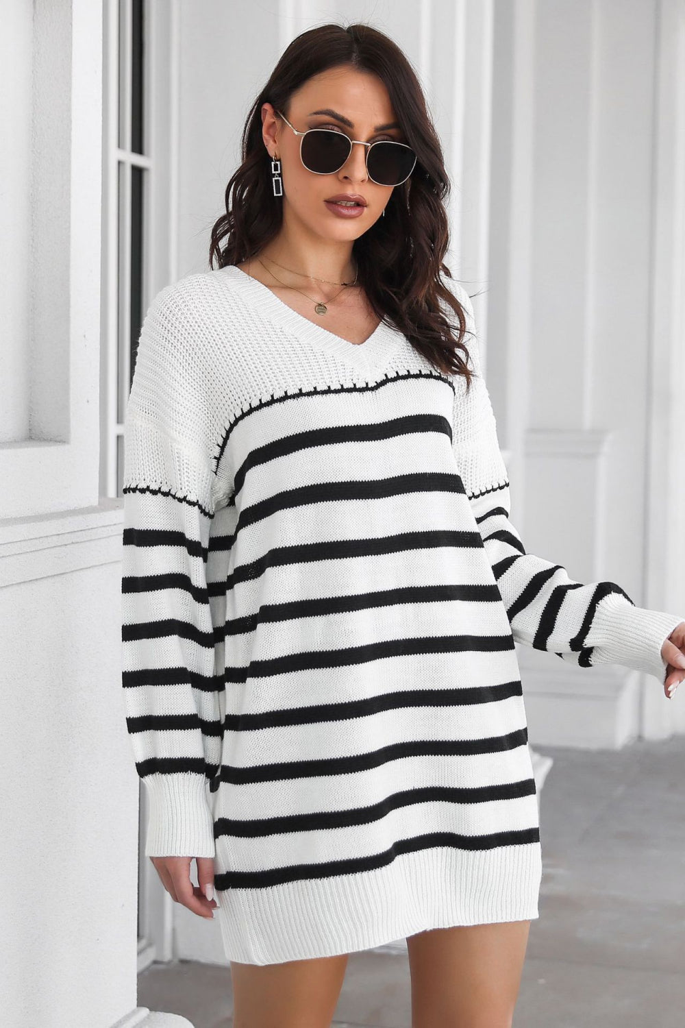 Striped V-Neck Drop Shulder Sweater Dress for a perfect OOTD – dress to impress outfits from Amexza