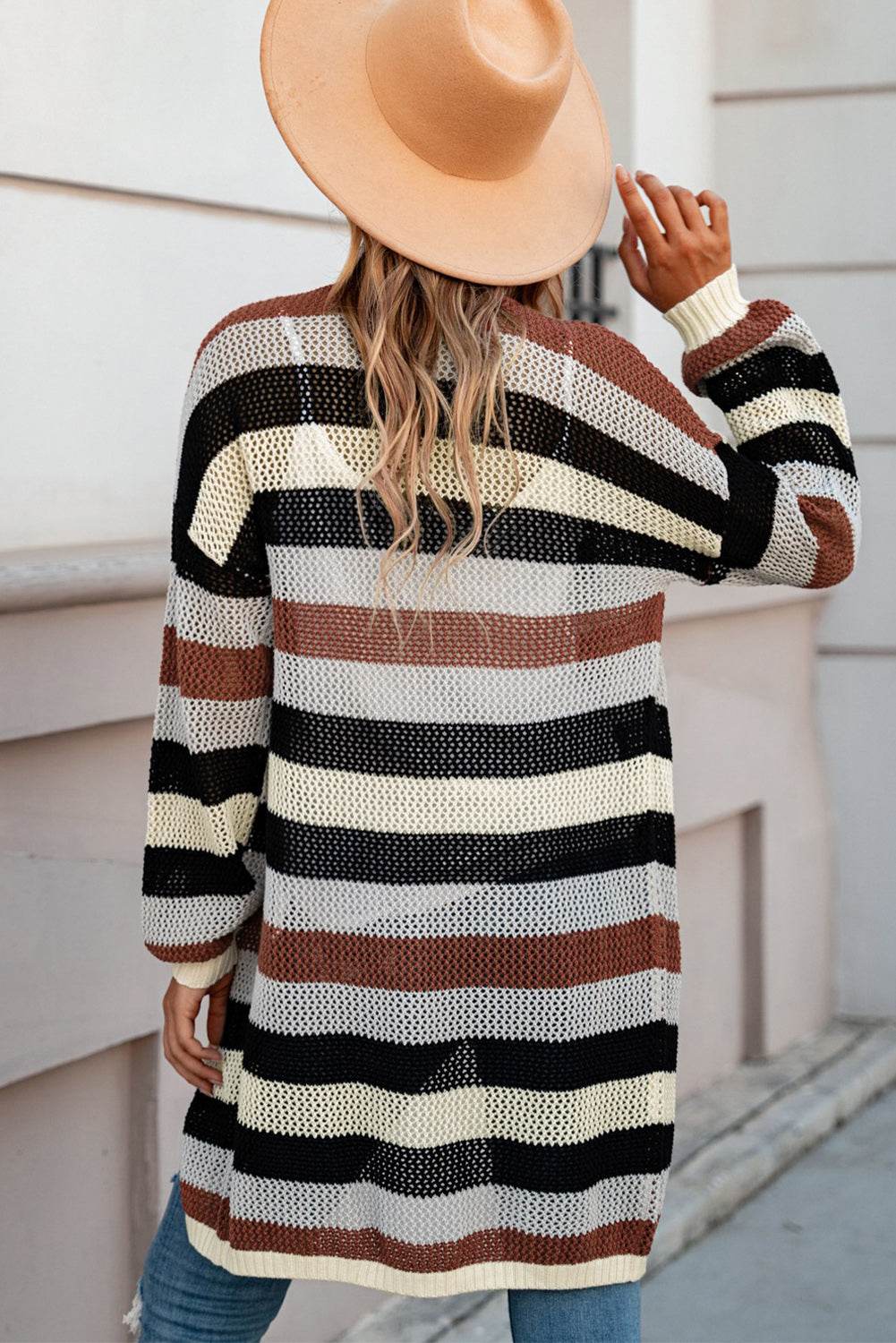 Full Size Striped Long Sleeve Openwork Cardigan for a perfect OOTD – dress to impress outfits from Amexza