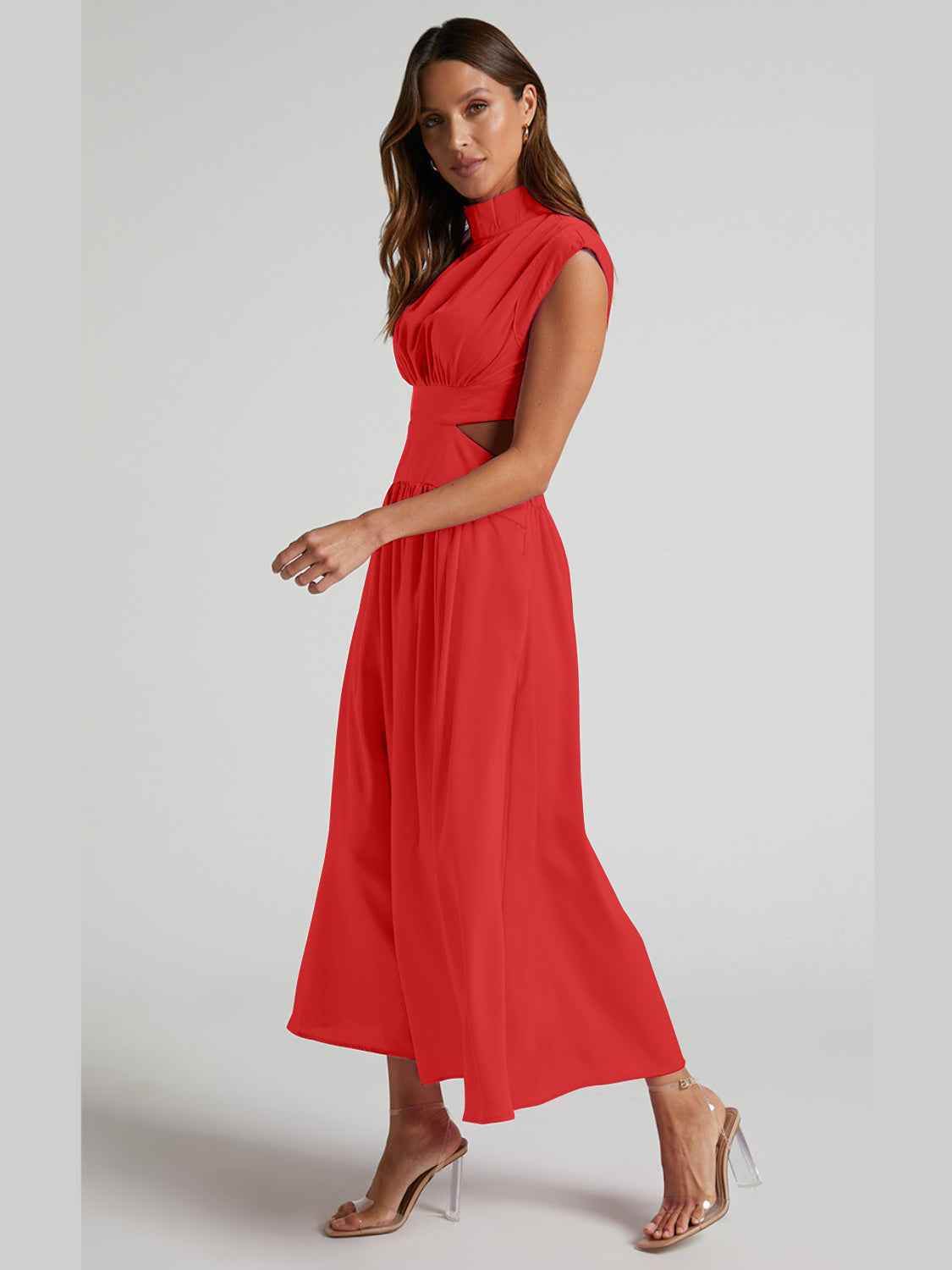 Cutout Mock Neck Sleeveless Ruched Dress - Amexza
