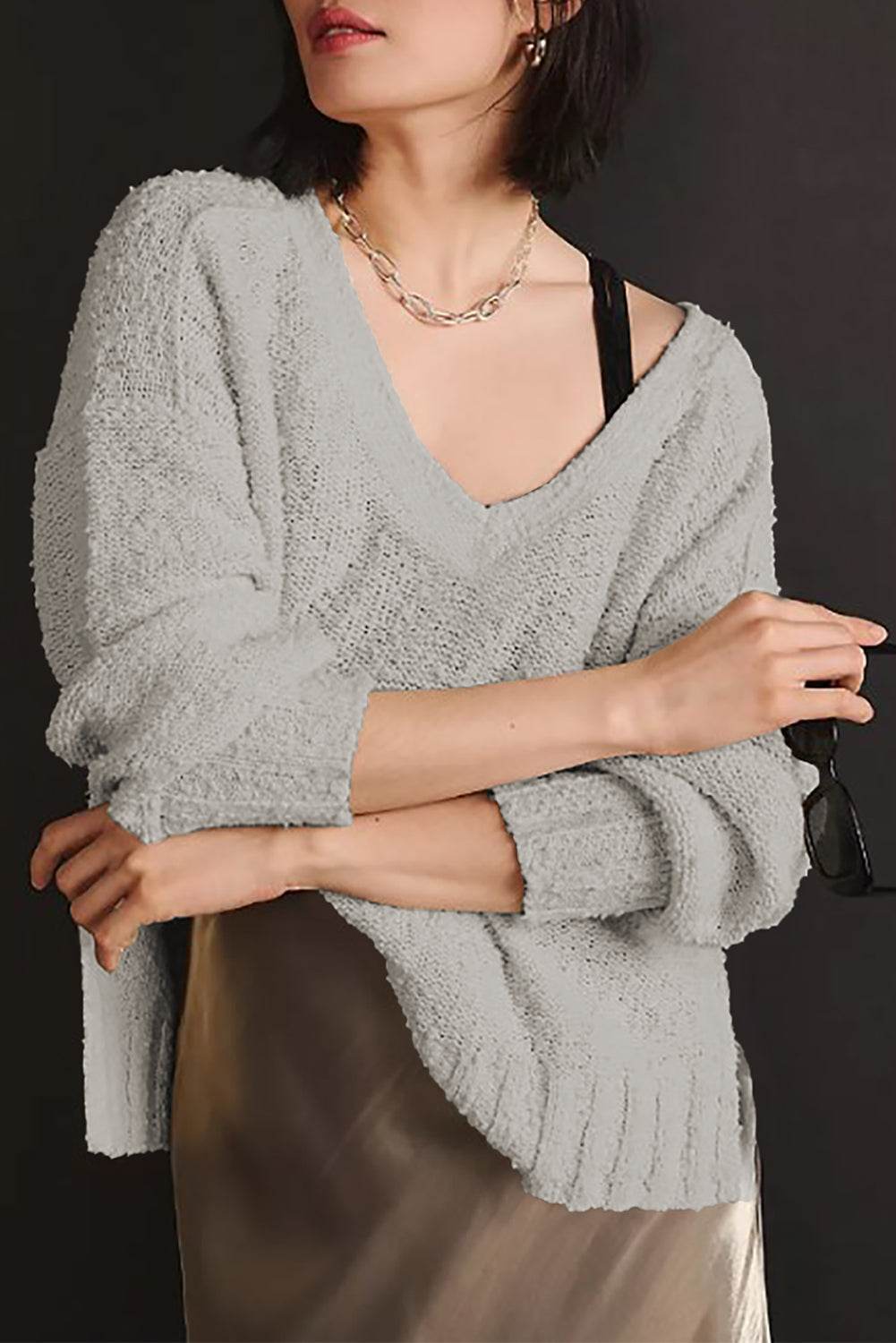 V-Neck Dropped Shoulder Sweater Gray for a perfect OOTD – dress to impress outfits from Amexza