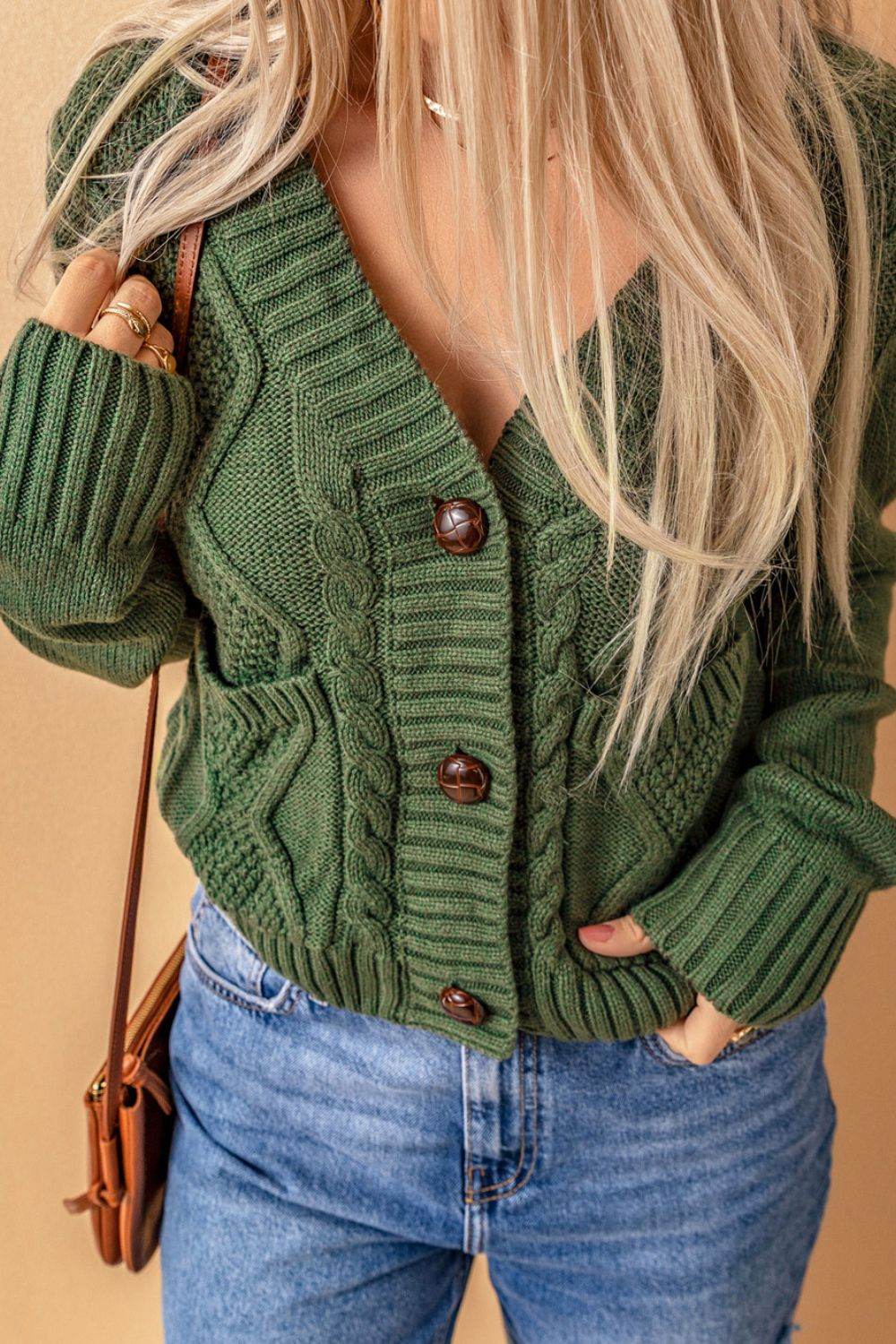 Cable-Knit Button Down V-Neck Cardigan - Amexza