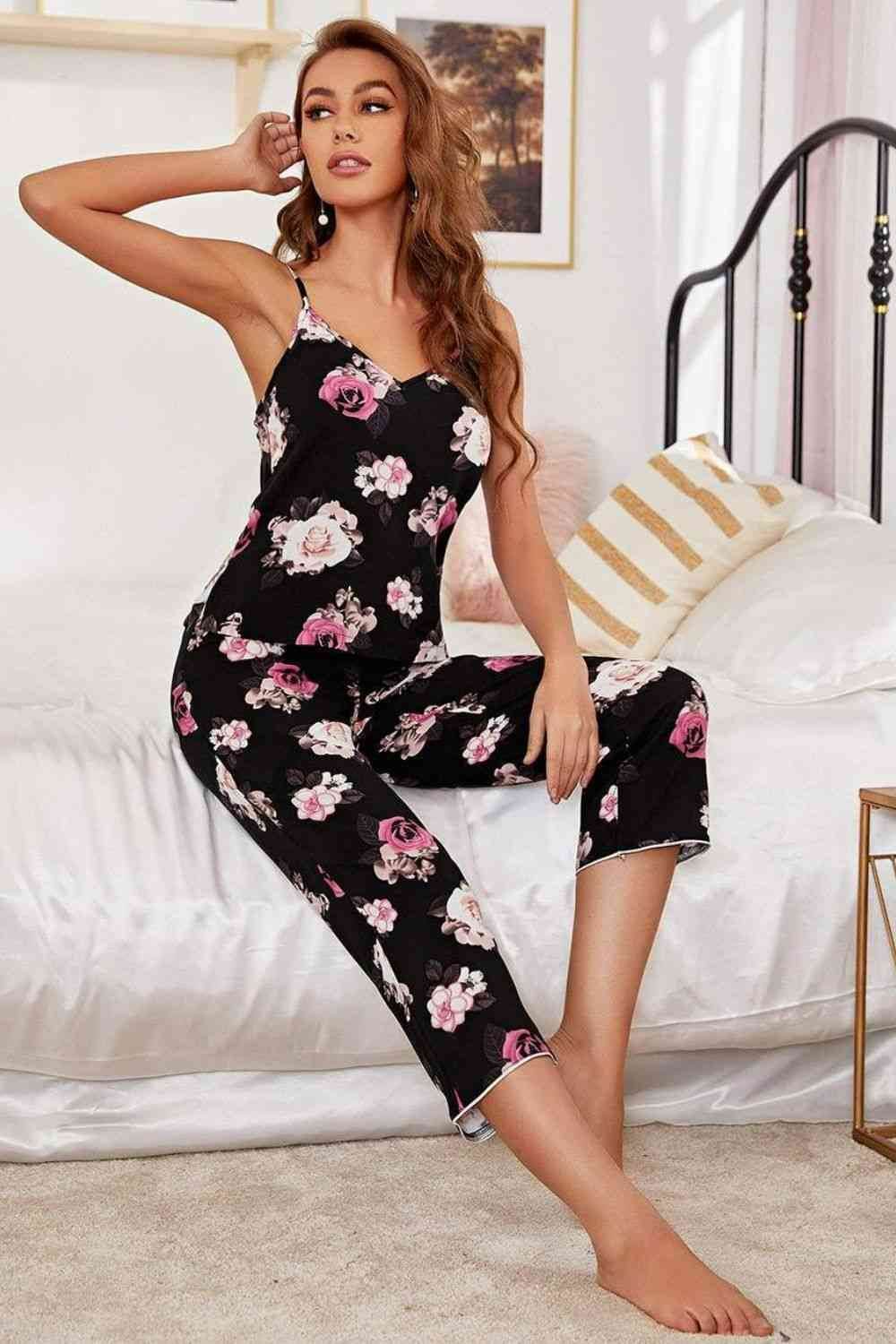 Floral V-Neck Cami and Cropped Pants Lounge Set Floral for a perfect OOTD – dress to impress outfits from Amexza