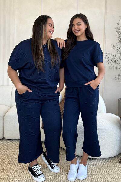 Double Take Full Size Texture Short Sleeve Top and Pants Set Navy for a perfect OOTD – dress to impress outfits from Amexza