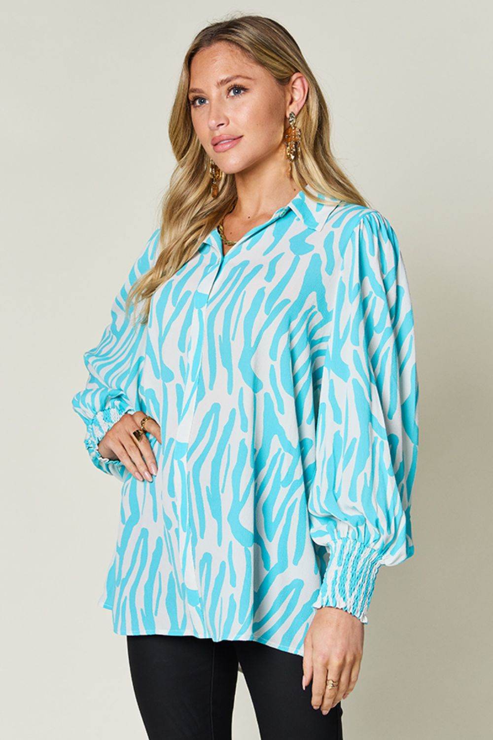 Double Take Full Size Printed Smocked Long Sleeve Blouse for a perfect OOTD – dress to impress outfits from Amexza