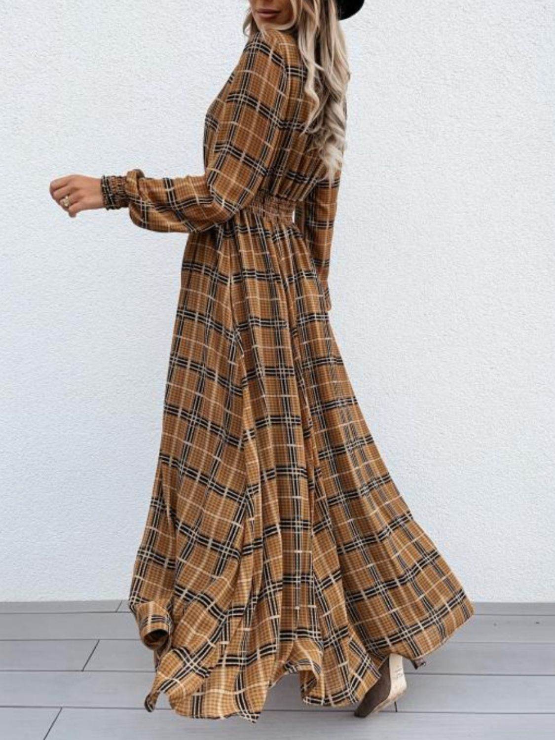 Slit Plaid Tie Neck Long Sleeve Maxi Dress - Amexza