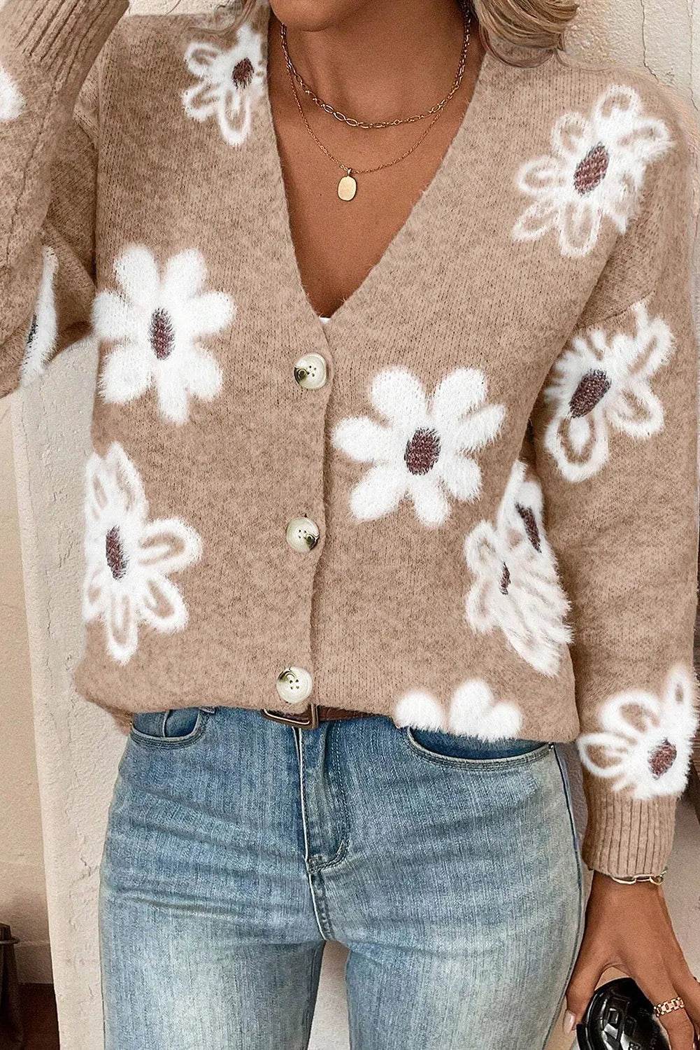 Flower Button Up Long Sleeve Cardigan - Amexza