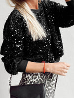 Sequin Round Neck Long Sleeve Blouse - Amexza