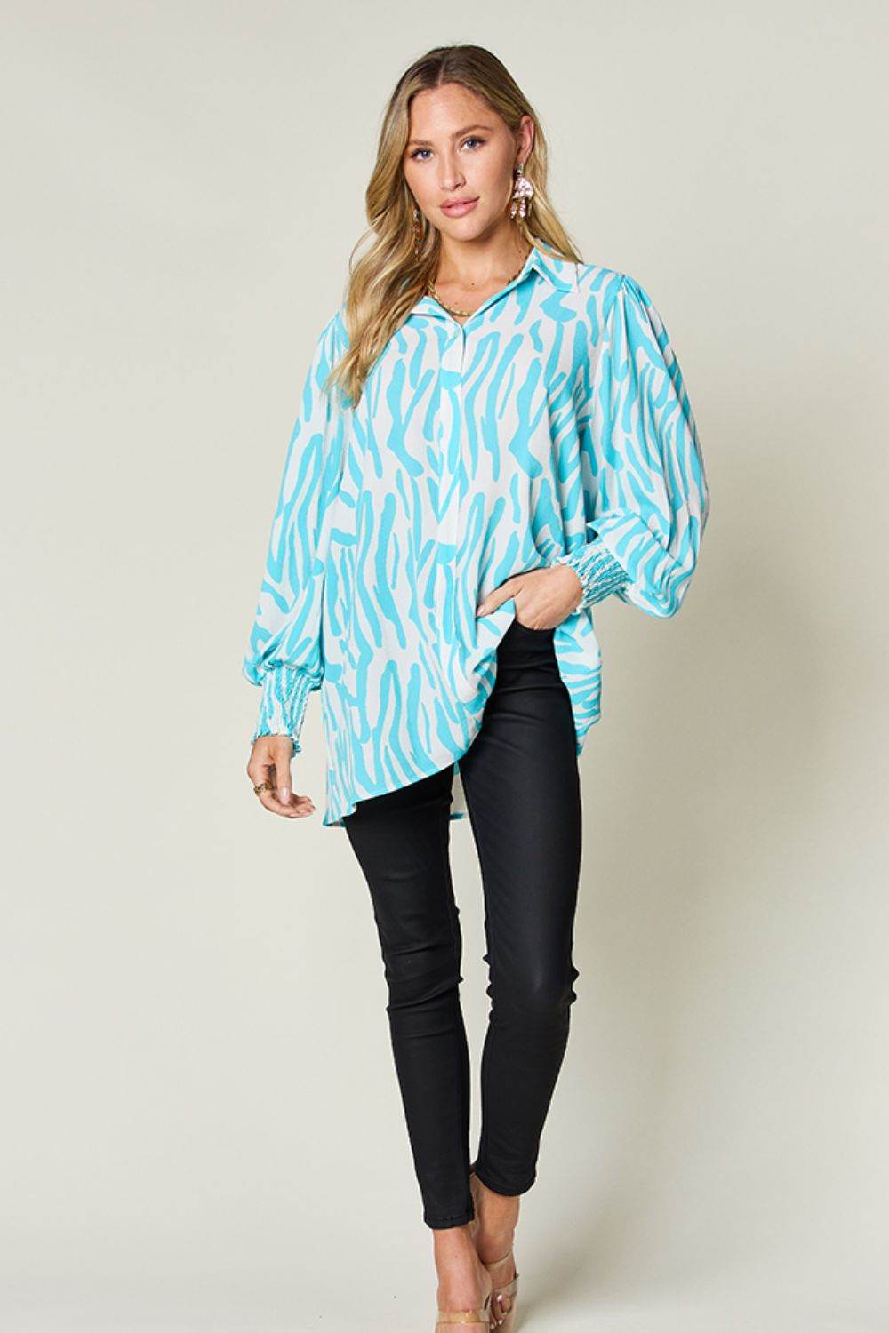 Double Take Full Size Printed Smocked Long Sleeve Blouse for a perfect OOTD – dress to impress outfits from Amexza