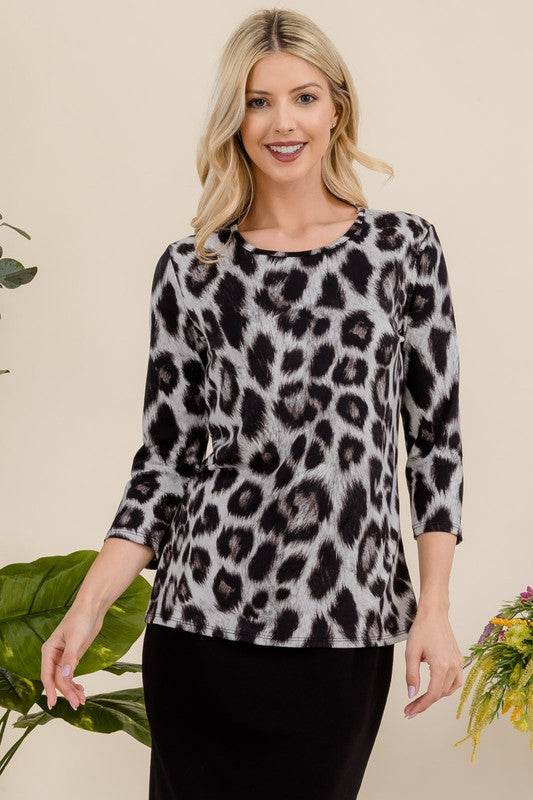 Celeste Full Size Leopard Round Neck Three-Quarter Sleeve T-Shirt Leopard for a perfect OOTD – dress to impress outfits from Amexza