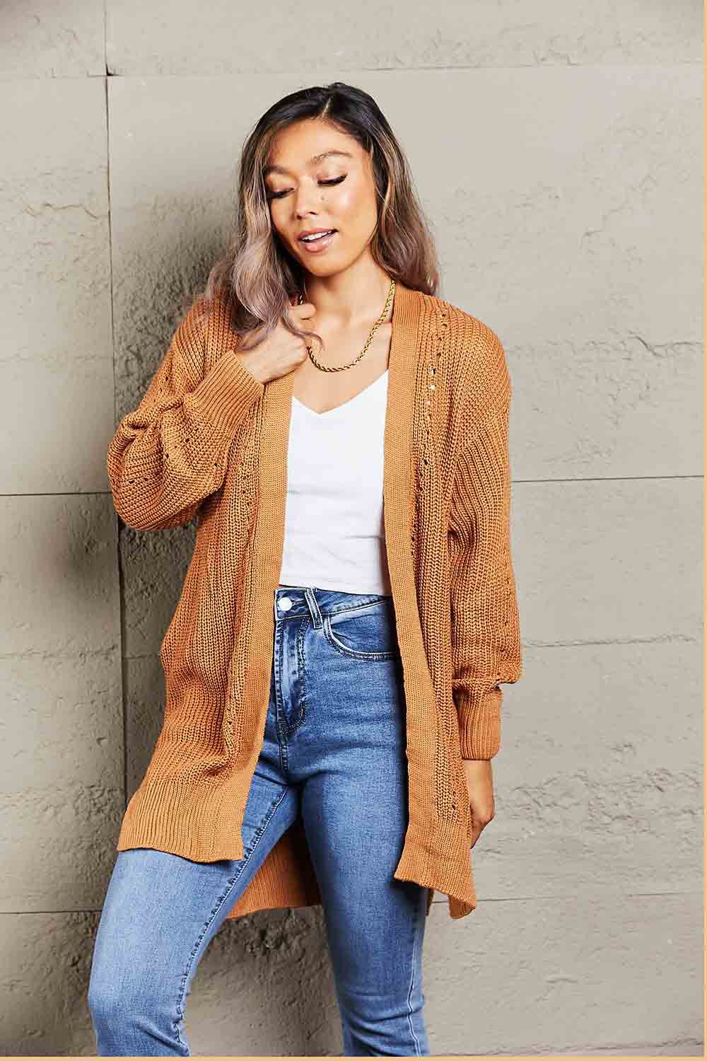 Woven Right Openwork Rib-Knit Slit Cardigan for a perfect OOTD – dress to impress outfits from Amexza