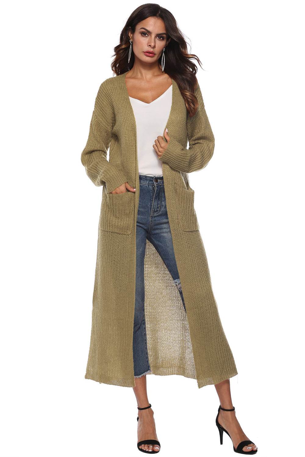 Long Sleeve Open Front Buttoned Cardigan Olive Brown for a perfect OOTD – dress to impress outfits from Amexza