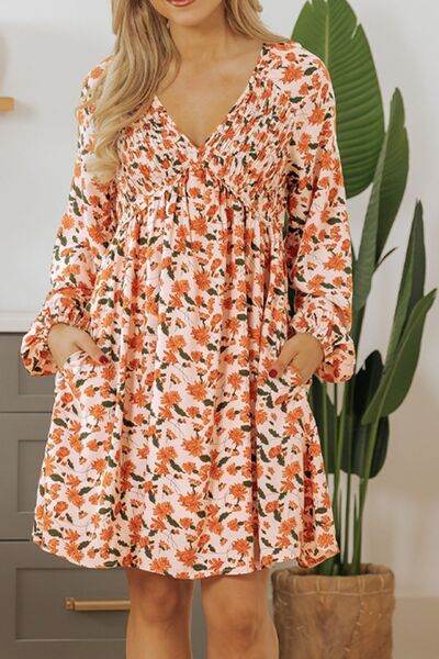 Smocked Printed V-Neck Long Sleeve Dress for a perfect OOTD – dress to impress outfits from Amexza