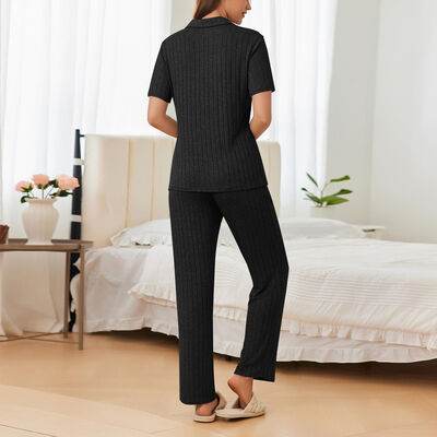 Button Down Long Sleeve Top and Pants Lounge Set - Amexza