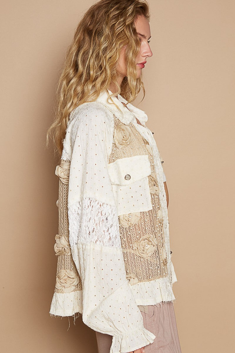 POL Eyelet Flower Pearl Detail Lace Patchwork Shirt for a perfect OOTD – dress to impress outfits from Amexza