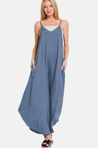 Zenana Spaghetti Strap Wide Leg Overalls with Pockets DUSTY BLUE for a perfect OOTD – dress to impress outfits from Amexza