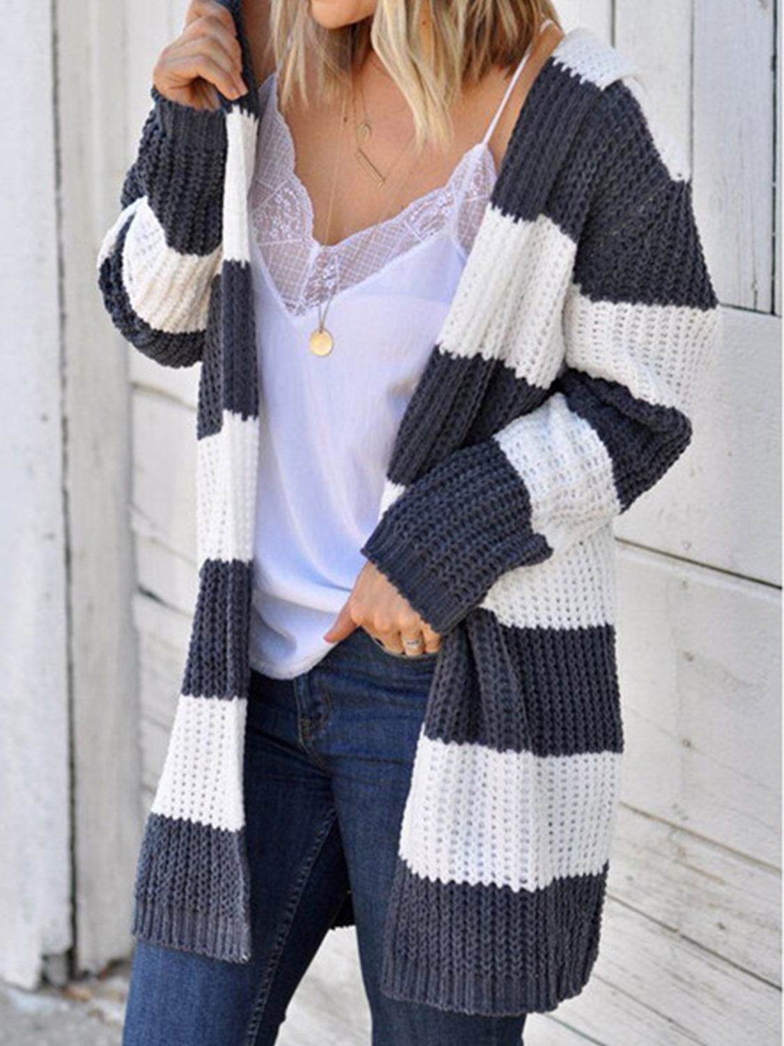 Striped Open Front Hooded Cardigan White for a perfect OOTD – dress to impress outfits from Amexza