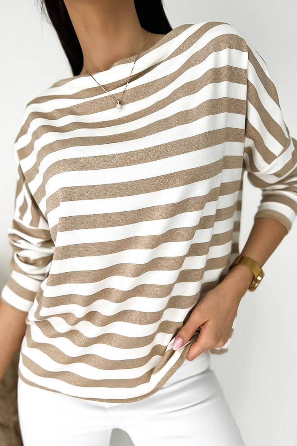 Striped Round Neck Long Sleeve Blouse Stripe for a perfect OOTD – dress to impress outfits from Amexza