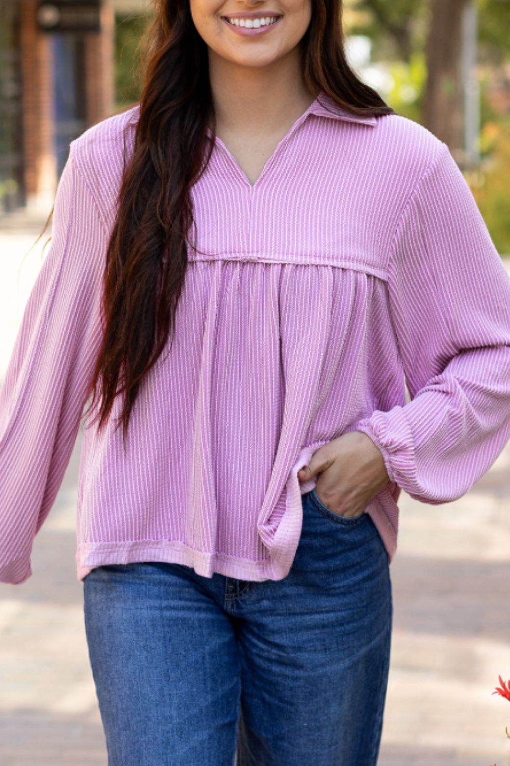 Corded Johnny Collar Long Sleeve Babydoll Blouse Lilac for a perfect OOTD – dress to impress outfits from Amexza