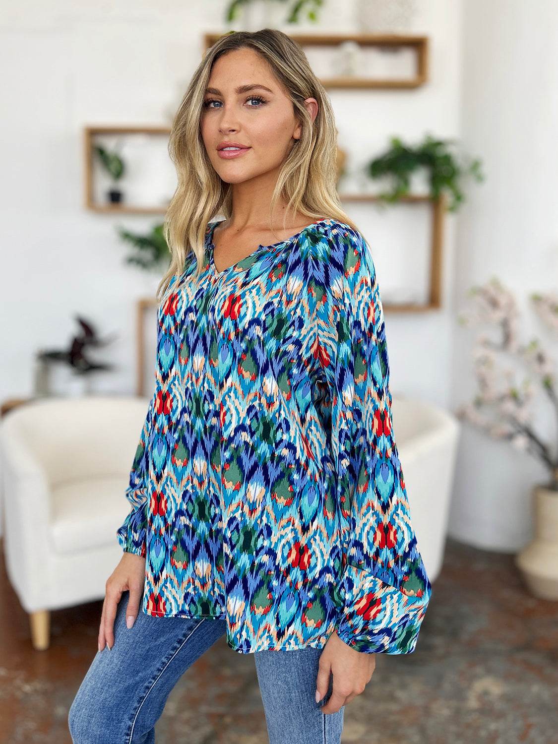 Double Take Full Size Printed Balloon Sleeve Blouse for a perfect OOTD – dress to impress outfits from Amexza