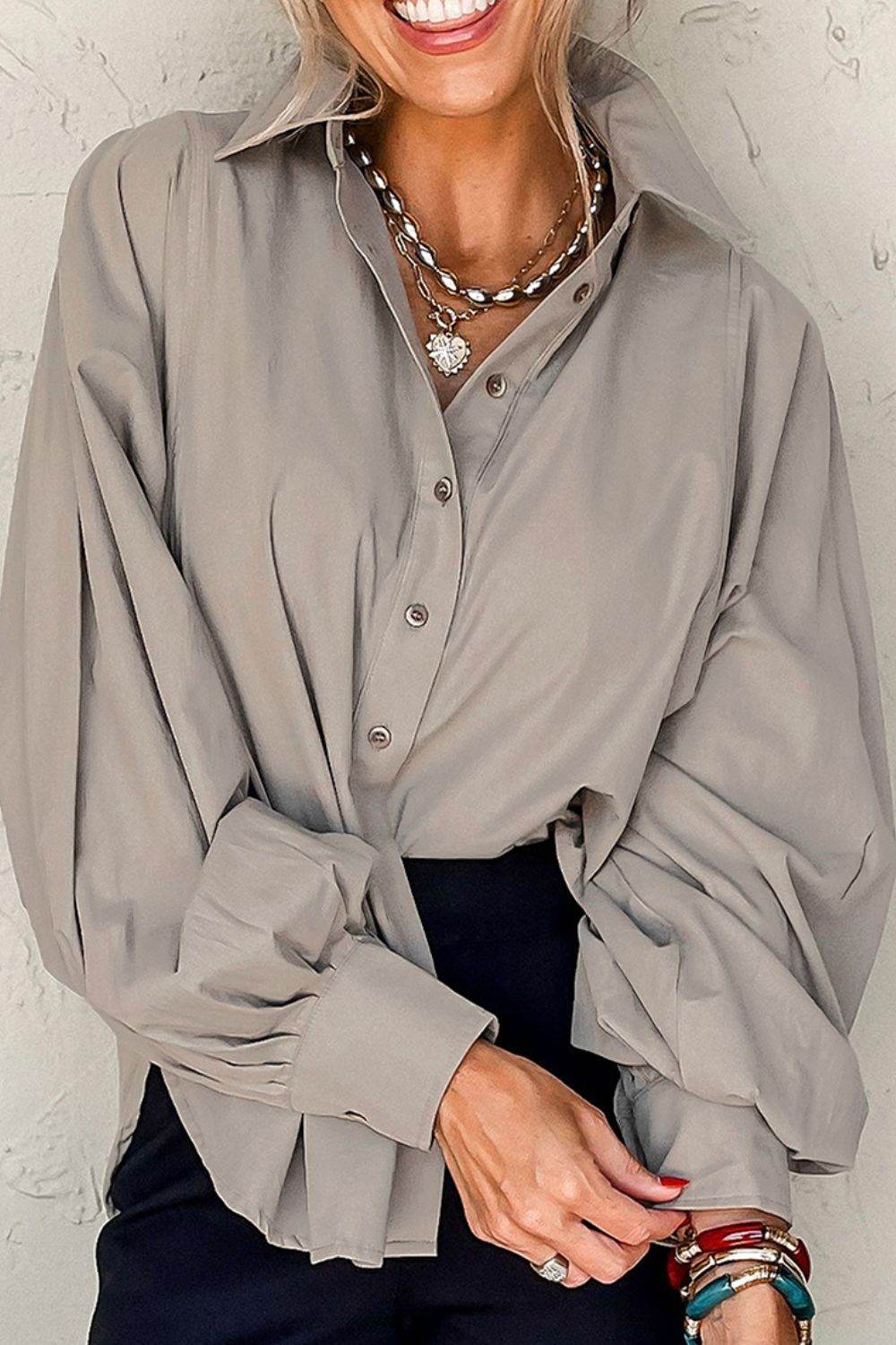 Button Down Collared Neck Long Sleeve Shirt - Amexza