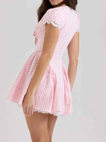 Gingham Ruffle Mini Dress with Lace Trim