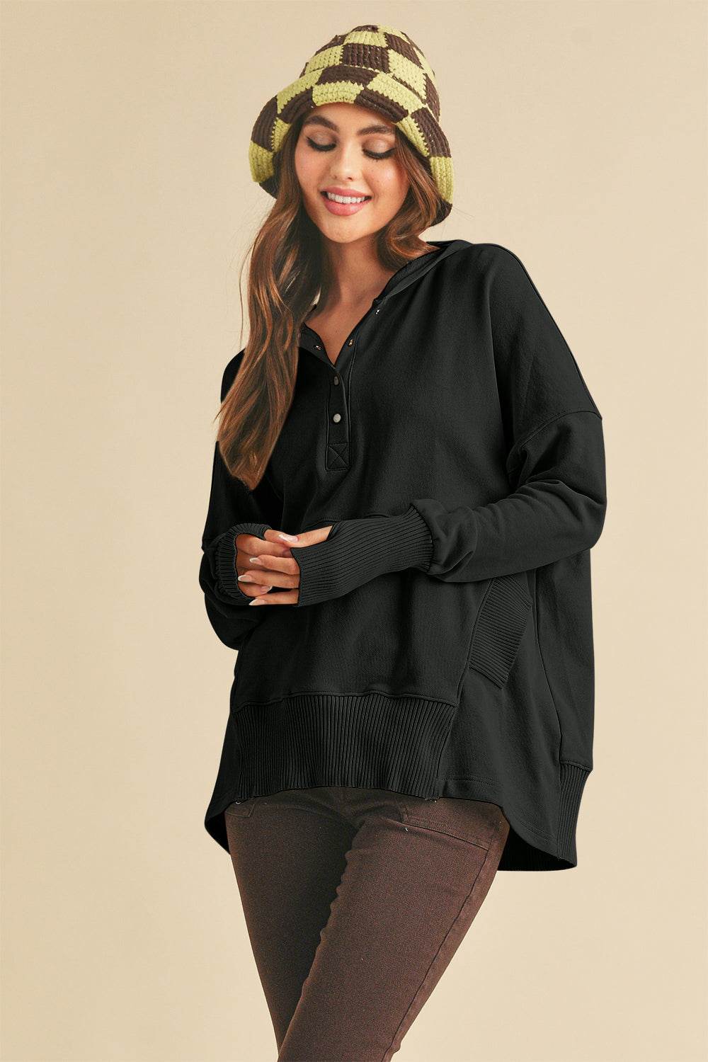 Aemi+Co Half Snap Dropped Shoulder Hoodie for a perfect OOTD – dress to impress outfits from Amexza