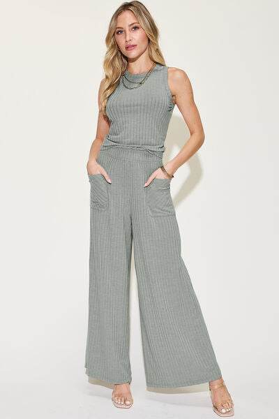 Basic Bae Full Size Ribbed Tank and Wide Leg Pants Set Gray for a perfect OOTD – dress to impress outfits from Amexza